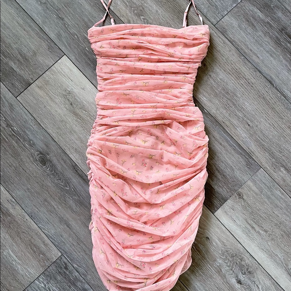 COPY - House of CB: PINK FLORAL RUCHED MESH MINI DRESS